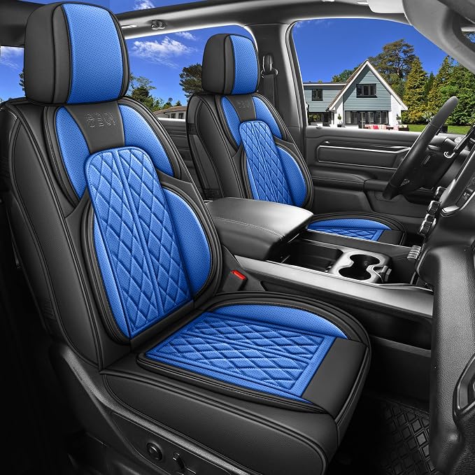 Car Seat Cover Custom Fit for Ford F150 2009-2026 Faux Leather Seat Cover Set Compatible with Regular Cab Super Cab Super Crew Pickup Truck Cushions (Black & Blue, Front Seat) by DuDuWang