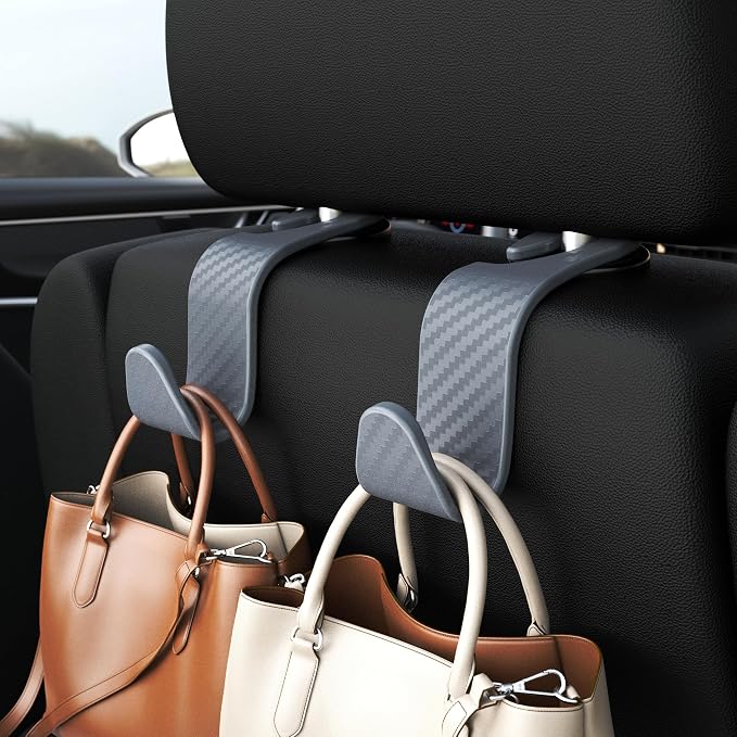 4-Pack Car Headrest Hooks Holds 55lbs Seat Storage Organizer for Bags | Durable ABS Material, 360° Rotating, Car Hanger for Backpack Umbrella Water Bottle Coat Handbags Groceries, Checkered Grey - Image 2