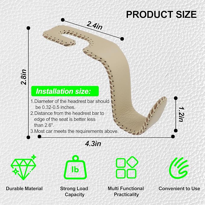 Car Seat Headrest Hook Heavy Duty 55lb Metal Hanger with Leather for Bags | Universal Vehicle Seat Back Organizer, Ergonomic Design, Hang Groceries Handbag Backpack Water Bottle, 2 Pack Beige - Image 6