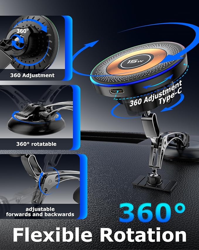 ZBF Magnetic Wireless Charging Car Phone Holder with 15W Fast Charging & Strong Vacuum Suction, 360° Rotatable Dashboard & Windshield Mount for Magsafe iPhone 17/16/15/14/13 Android Galaxy S24/S23/S22 - Image 4