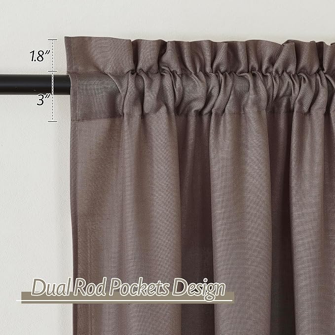 RYB HOME Linen Sheer Curtains 2 Panels for Living Room, Semi Transparent Privacy Drapes with Rod Pocket Farmhouse Style Window Treatments for Bedroom, Brown, 52" W x 102" L - Image 2