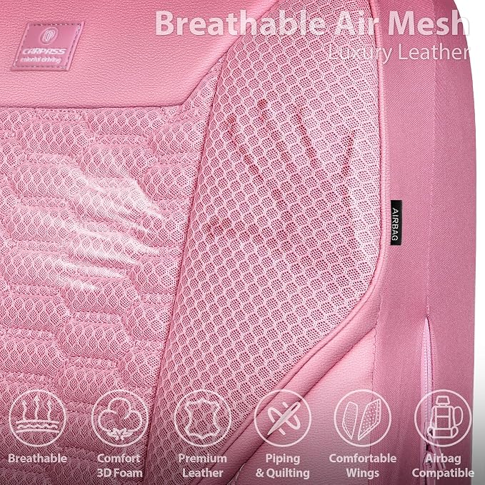 CAR PASS 3D Foam Mesh Leather Car Seat Covers Full Set, Pink Breathable Mesh Faux Leather Seat Covers for Women, Universal Fit for Car SUV Truck Sedan Automotive, Armrest Airbag Compatible, All Pink - Image 5