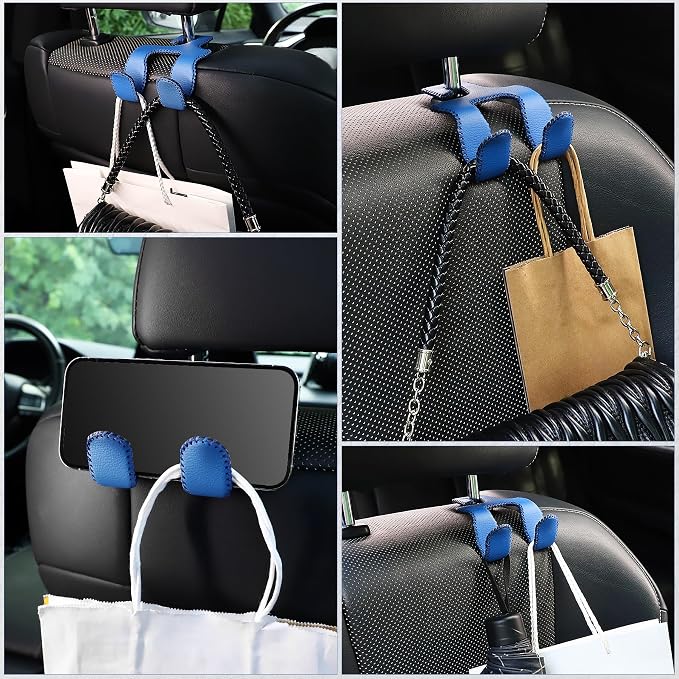 LivTee Upgraded Superior Leather Car Seat Back Headrest Hook, 2 in 1 Auto Seat Hook Hangers Holder Organization Interior Accessories for Purses Coats Umbrellas Grocery Bags Handbag (Blue) - Image 6