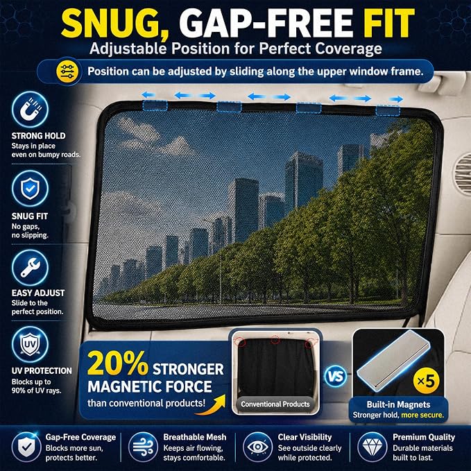 Magnetic Mesh Car Window Shades, UV Protection, 2 Pack | 90% UV Block | Breathable Mesh | Privacy with Visibility | Magnetic Installation - Image 6
