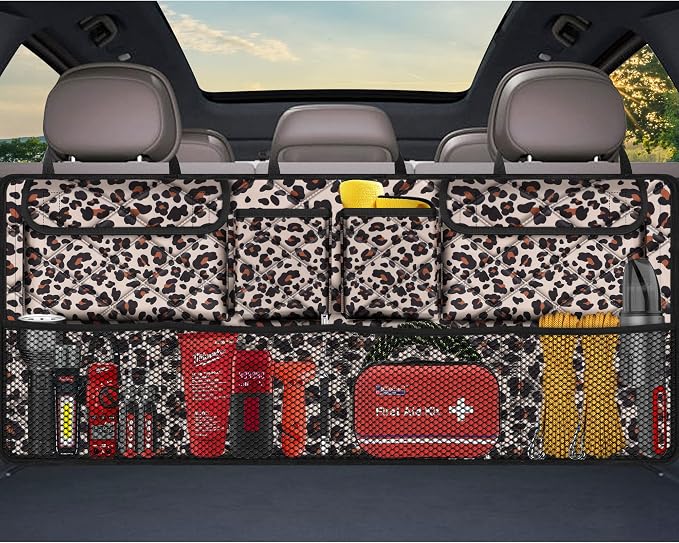 Femuar Car Trunk Organizer,Large Capacity Backseat Trunk Organizer(42"*18"),Collapsible Car Storage Bag with 8 Pocekt,Car Organizer for SUV/MPV/Truck - Leopard print by GuangzhouTailinTechnologyCo