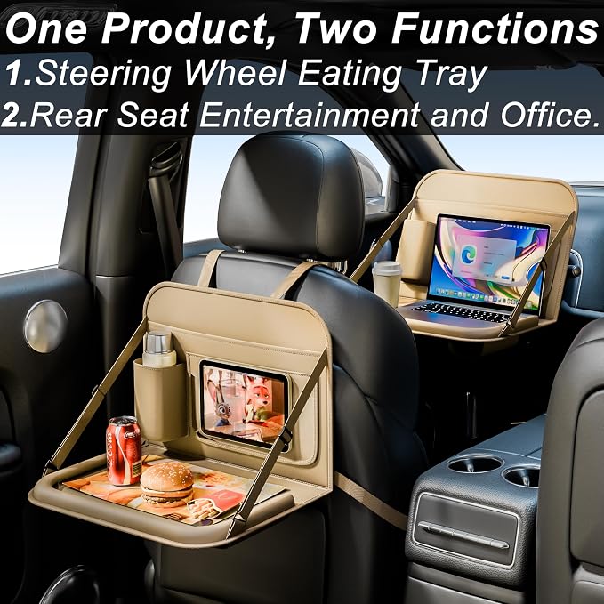 Backseat Car Organizer with Tray 1 Pack,Car Back Seat Eating Tray for Kids, Multifunctional Laptop Desk,Back Seat Car Storage & Tablet Holder for Children(Beige, 1PC) - Image 3