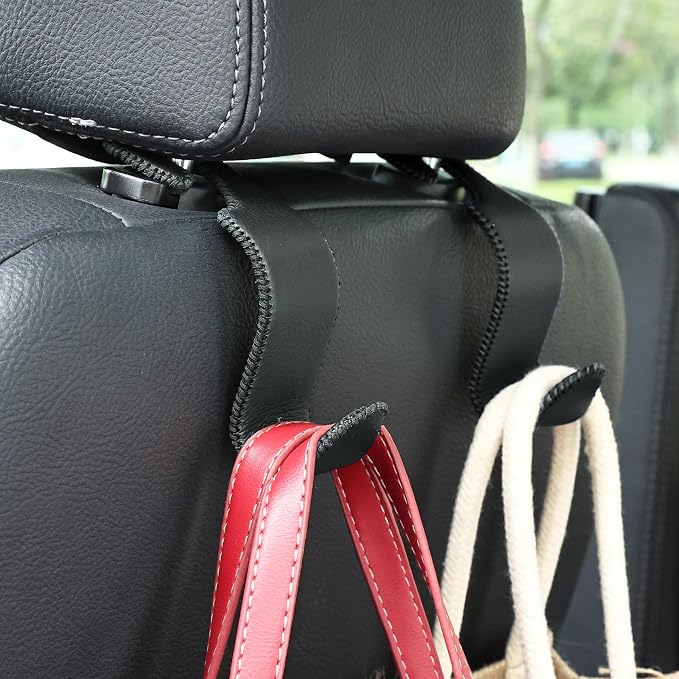 Car Seat Headrest Hook 55lb Heavy Duty Metal Hanger with Leather for Bags | Universal Fit car SUV Truck, Premium Microfiber Leather, Metal Core, Hang Purses Groceries Handbag Backpack, 2 Pack Black - Image 7