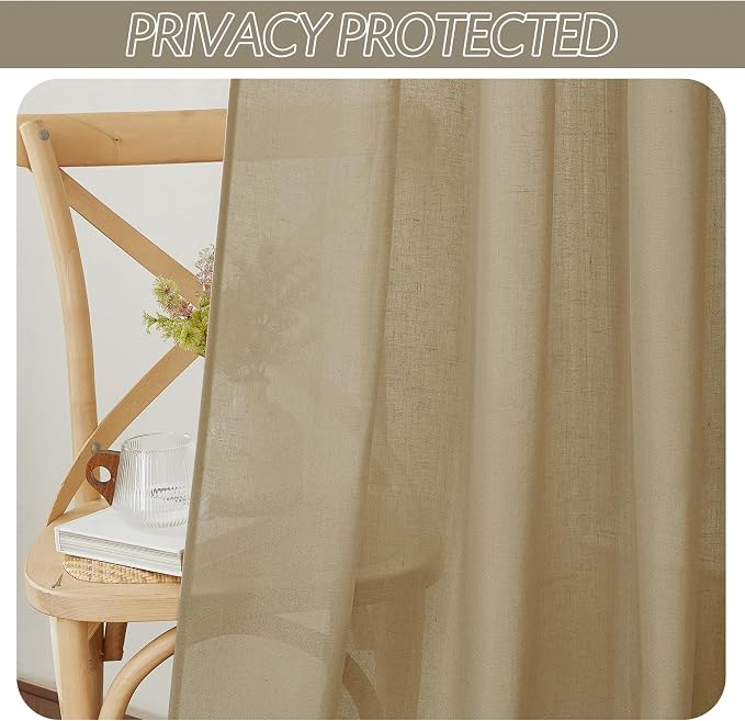 RYB HOME Linen Sheer Curtains 2 Panels for Living Room, Semi Transparent Privacy Drapes with Rod Pocket Farmhouse Style Window Treatments for Bedroom, Camel, 52" W x 102" L - Image 3
