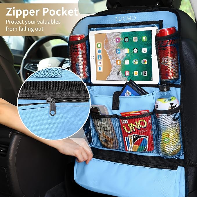 LUCMO Car Backseat Organizer with Touch Screen Tablet Holder, Light Blue | 2 Pcs,9 Storage Pockets,Clear Tablet Holder,Protectors Kick Mats,Travel Accessories,Seat Cover,Road Trip Essentials - Image 5