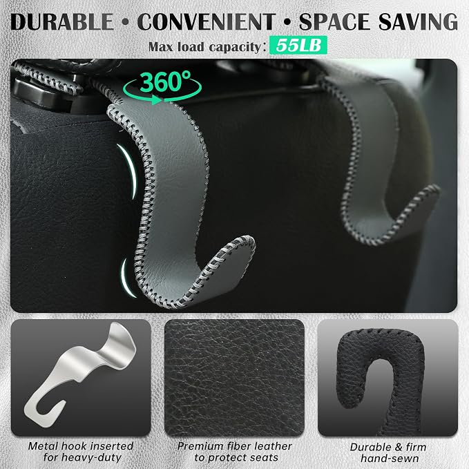 Car Seat Headrest Hook 55lb Heavy Duty Metal Hanger with Leather for Bags | Universal Fit car SUV Truck, Premium Microfiber Leather, Metal Core, Hang Purses Groceries Handbag Backpack, 2 Pack Grey - Image 3