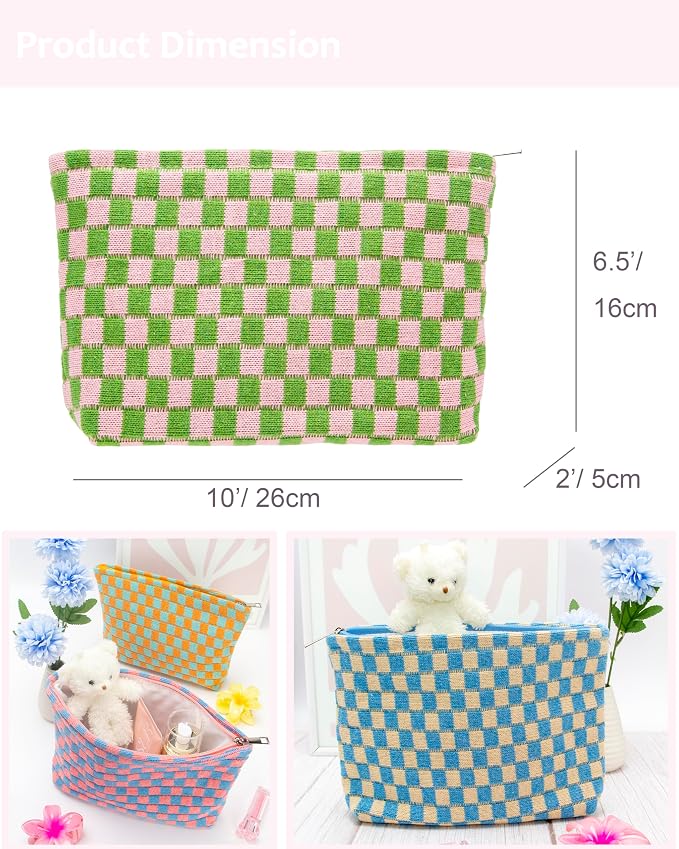 Checkered Makeup Bag for Purse, Small Flat Cosmetic Pouch,Pink Green | Cute Zipper Makeup Organizer for Women, Travel Essentials, Toiletries, Makeup Brushes, Beauty Accessories&Bridesmaid Gifts - Image 4