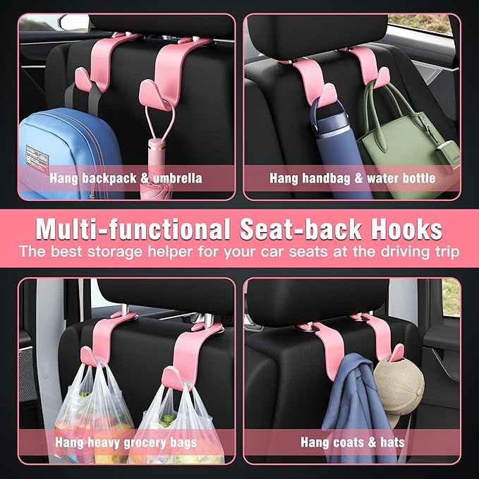 4-Pack Car Headrest Hooks Holds 55lbs Seat Storage Organizer for Bags | Durable ABS Material, 360° Rotating, Car Hanger for Backpack Umbrella Water Bottle Coat Purses Handbags Groceries, Pink - Image 3