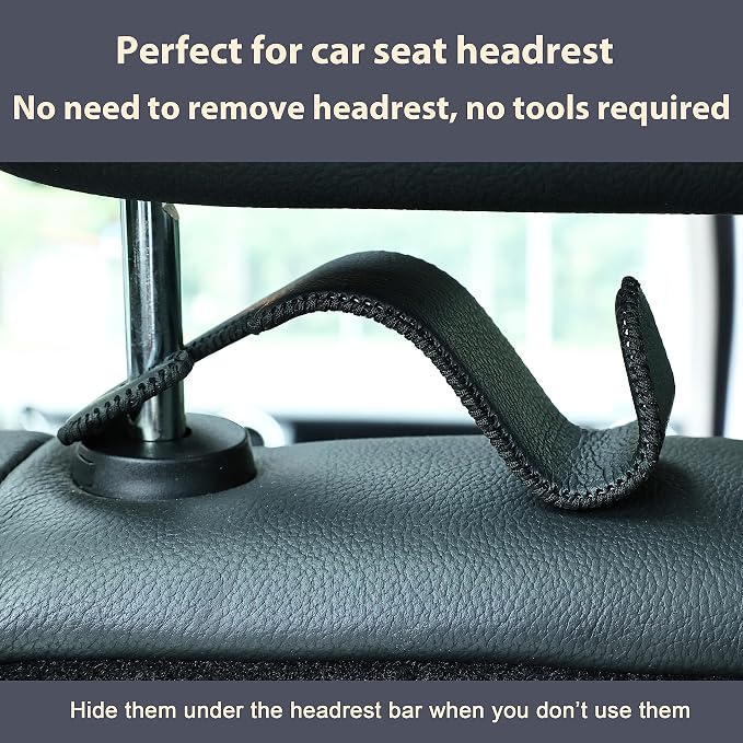 4-Pack Car Headrest Hooks Holds 55lbs Seat Storage Organizer for Bags | Fiber Leather, Durable Metal, Car Hanger for Backpack Umbrella Water Bottle Coat Purses Handbags Groceries, Black - Image 6