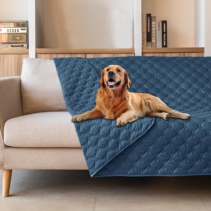 gogobunny Waterproof Dog Blankets for Large Dogs, Pet Bed Cover Breathable | Washable Pee Pads, Quilted Throw Blanket, Furniture Protector for Couch Sofa Bed Car, 82x82 Inch Dark Blue by gogobunny