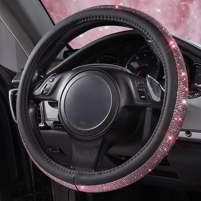 CAR PASS Bling Diamond Leather Steering Wheel Cover, Bling Sparkly Crystal Glitter Rhinestones Universal Fit 14" 1/2-15" Car Wheel Protect for Women Girl Fit Suvs,Vans,Sedans,Cars,Trucks, Pink Black - Image 4