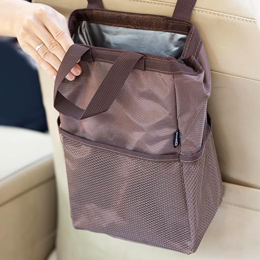 Ginsco New Leak-Proof Travel Trash Bag, Hanging Car Trash Can with Hook and Loop Lid and Handle, Multipurpose Trash Bin with Storage Pockets for Car SUV Truck RV Camping 2 Gallons (Brown) by Ginsco