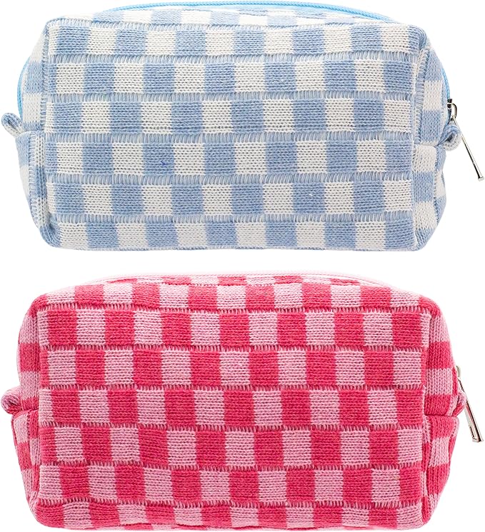 Checkered Makeup Bag for Purse, Small Cosmetic Pouch,Blue Hotpink,2 Pack | Cute Zipper Makeup Organizer for Women, Travel Essentials, Toiletries, Makeup Brushes, Beauty Accessories&Bridesmaid Gifts by PAZIMIIK