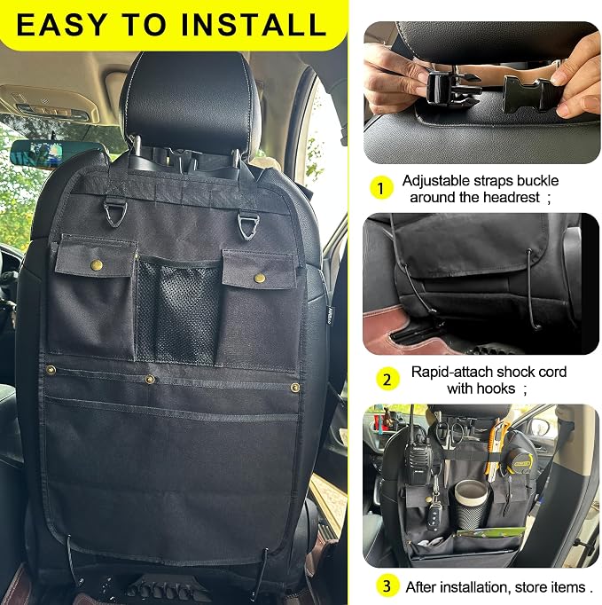 Black Car Seat Back Organizer with Multiple Pockets and Hooks - Image 5