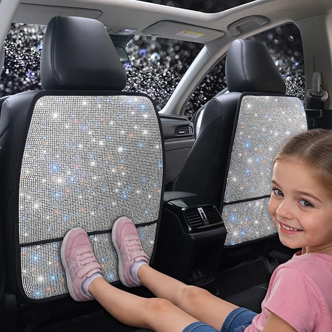 Bling Crystal Car Seat Back Kick Protectors with Storage, Sparkly Diamond Kick Mats, Universal Seat Protector for SUV and Automotive Crystal Auto Accessories for Women White 2pcs by Pirador