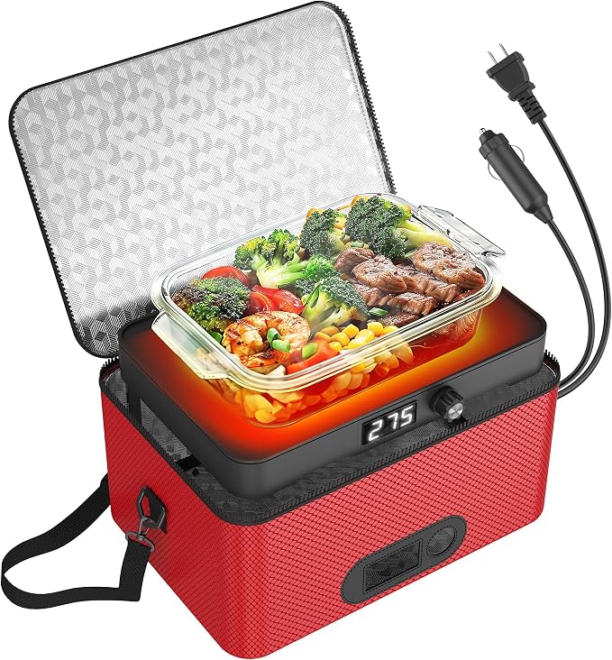 Portable Oven, 12V 24V 110V-240V Car Food Warmer Portable Personal Mini Oven Electric Heated Lunch Box for Meals Reheating & Raw Food Cooking for Road Trip/Camping/Picnic/Family Gathering(Red) by ROTTOGOON