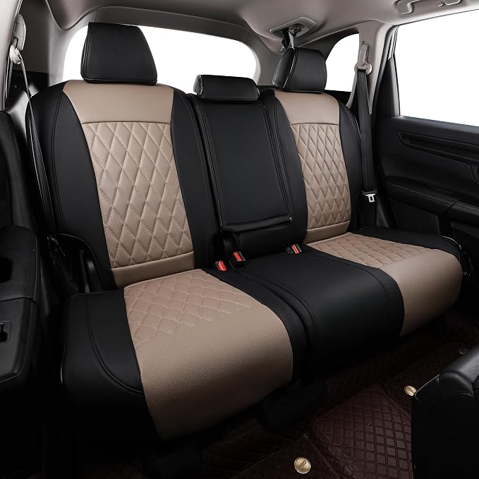 EKR Civic Seat Covers Custom Fit for Honda Civic (Hatchback) 2017 2018 2019 2020 2021 (Rear W/Armrest),Waterproof Leather Car Seat Cover Full Set,Faux Leather(Black/Sand Beige) - Image 5