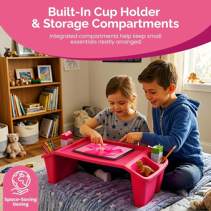 Set of 12 Pink Activity Desk Tables with Built-In Cup Holder and Storage Compartments, Multipurpose Lap Trays for Home Learning, Art Activities, Snack Time, Floor-Based Tasks, and Raised-Leg - Image 7