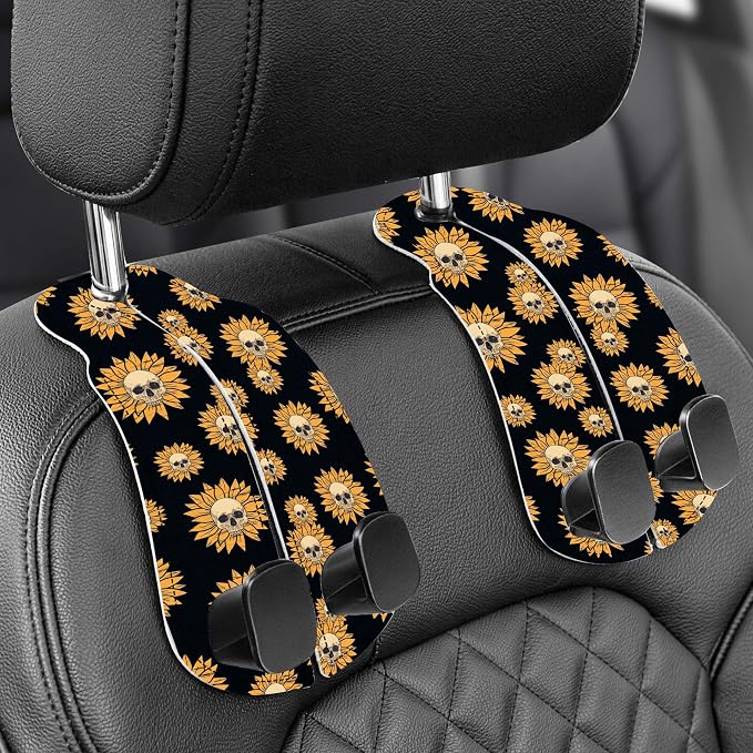 WOCOCN Purse Holder for Car, 2 Pack Heavy Duty Purse Hanger for Car | PU Leather Car Seat Hooks for Purses and Bags, Cute Floral Headrest Organizer for Handbags & Backpacks, Sunflower Skull by WOCOCN