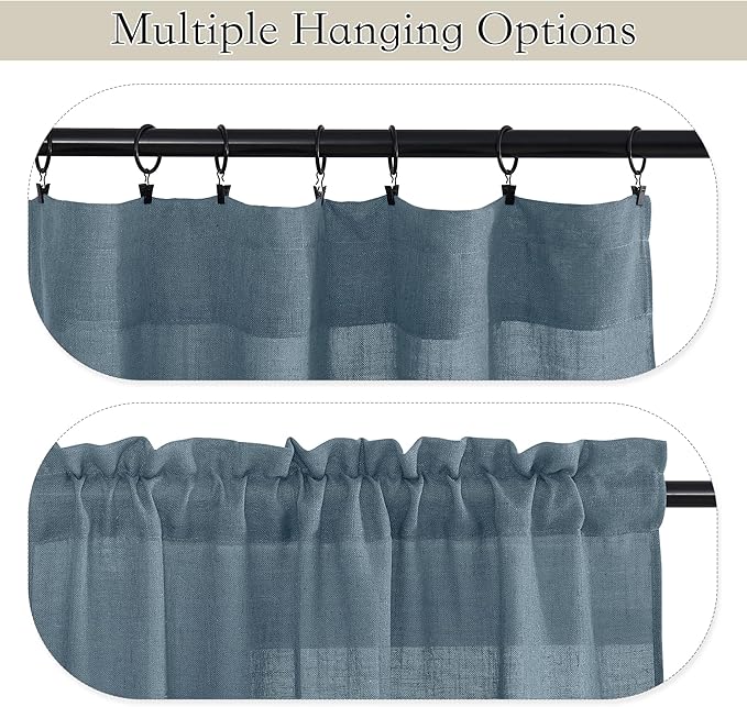 RYB HOME Linen Textured Semi Sheer Curtains 63 inches Long for Living Room | Half Privacy, Light Filtering, Faux Linen Blend, Office Nursery Dorm Bathroom, Stone Blue, W52 x L63, 1 Pair - Image 2