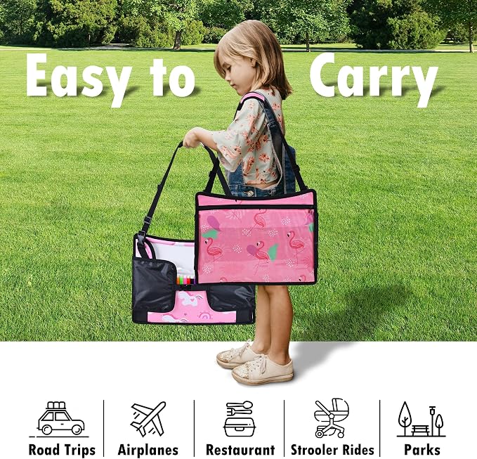 2PCS Kids Travel Tray, Toddler Road Trip Essentials With Drawing Kit | Dry Erase Board, iPad Holder Stand, Adjustable Straps to Prevent Shaking, Multi-Pockets, Portable - Image 6