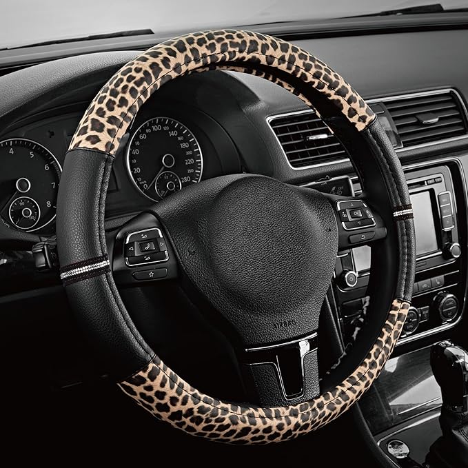 Road Comforts Leopard Steering Wheel Cover for Women, Cute Anti-Slip Microfiber Leather, Universal Fit 14.5-15 Inch Round Steering Wheel - Black by RoadComforts