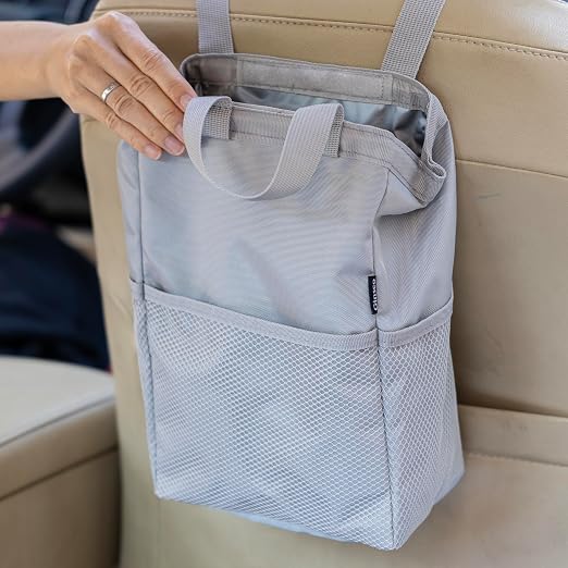 Ginsco New Leak-Proof Travel Trash Bag, Hanging Car Trash Can with Hook and Loop Lid and Handle, Multipurpose Trash Bin with Storage Pockets for Car SUV Truck RV Camping 2 Gallons (Atomic Silver) by Ginsco