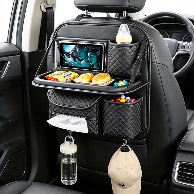 PU Leather Backseat Car Organizer with Foldable Tray & Tablet Holder Black | Luxury diamond stitching,anti-rattle design,universal vehicle compatibility,family road trip essential storage by Unknown