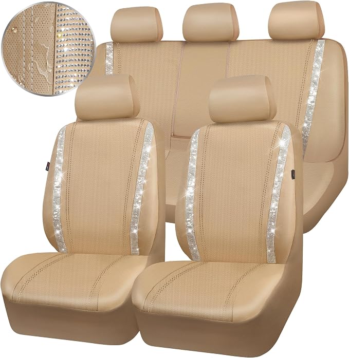 CAR PASS Bling Diamond Car Seat Covers Full Set, Shining Glitter Rhinestone Waterproof Faux Leather Interior Sets Universal Fit Automotive Glitter Crystal Sparkle Strips for Cute Women Girl, Beige - Image 9