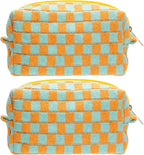 Checkered Makeup Bag for Purse, Small Cosmetic Pouch,Orange Green,2 Pack | Cute Zipper Makeup Organizer for Women, Travel Essentials, Toiletries, Makeup Brushes, Beauty Accessories&Bridesmaid Gifts by PAZIMIIK