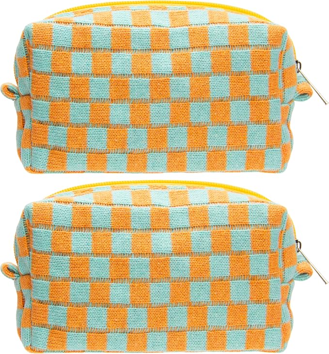 Checkered Makeup Bag for Purse, Small Cosmetic Pouch,Orange Green,2 Pack | Cute Zipper Makeup Organizer for Women, Travel Essentials, Toiletries, Makeup Brushes, Beauty Accessories&Bridesmaid Gifts by PAZIMIIK