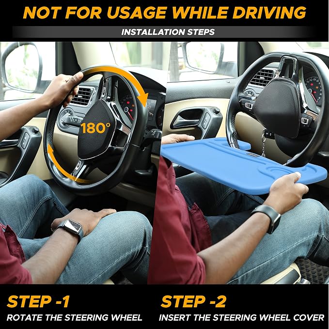 EcoNour 2 in 1 Car Steering Wheel Desk | Steering Wheel Tray for Laptop | Car Mount with Pen Holder | Car Food Tray for Eating with Drinks Holder | Multipurpose Travel Car Accessories | Blue - Image 6