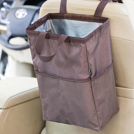 Ginsco New Leak-Proof Travel Car Trash Bag, 3.5 Gallons Large Capacity Hanging Car Trash Can with Hook and Loop Lid and Handle, Multipurpose Trash Bin with Storage Pockets for SUV RV Camping (Brown) by Ginsco
