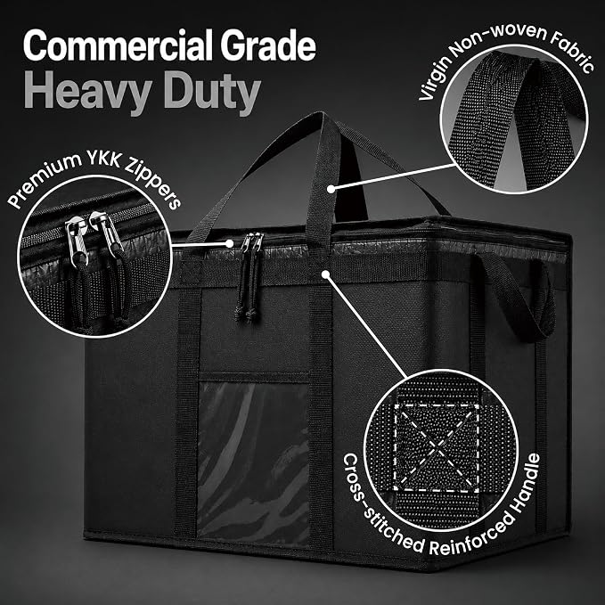 NZ home PRO Large Insulated Food Delivery Bag (3XL, Black, 1 Pack) | Thermal bag, For cold & hot food, Water-resistant, Portable cooler, Soft sided catering tote, Grocery bag with zippered top - Image 7