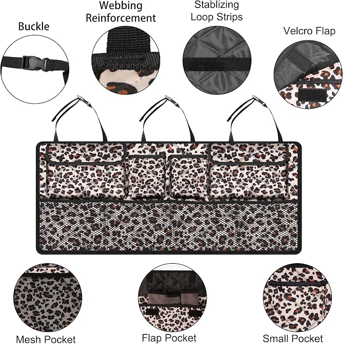 Femuar Car Trunk Organizer,Large Capacity Backseat Trunk Organizer(42"*18"),Collapsible Car Storage Bag with 8 Pocekt,Car Organizer for SUV/MPV/Truck - Leopard print - Image 4