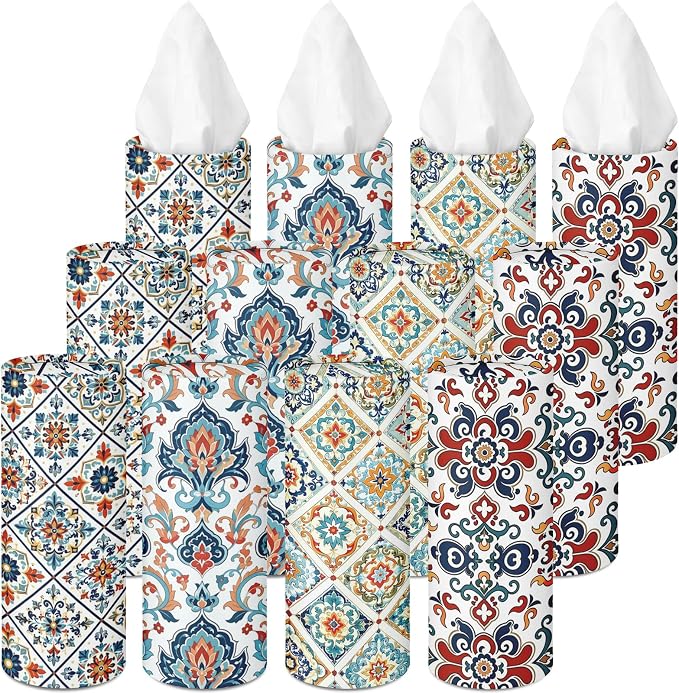 Arttown Car Tissue Holder for Cup Holder Facial Tissues 12 Pack Moroccan | Boho Bulk 3-Ply,Refillable Marble Print Cylinder Tissue Boxes,Fit Car Home Office School (600 Sheets Total,50 Sheets Each) by Arttown