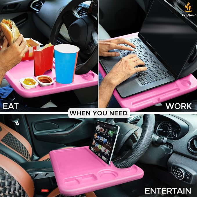 EcoNour 4 in 1 Car Steering Wheel Tray - 2024 Upgraded Pink Tray with Dual | Sauce Dip Holder and Tablet Holder | Spacious Steering Wheel Desk for Food and Laptop | Car Accessories (Large) - Image 7