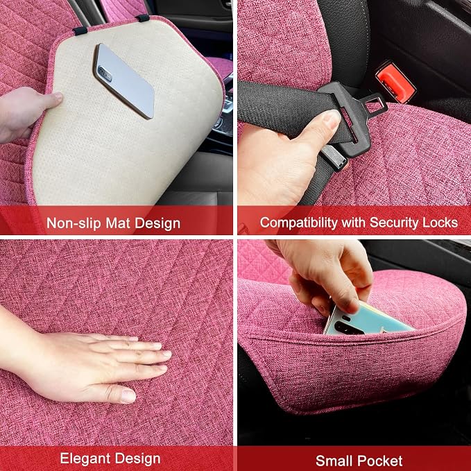BOPUOVRE Linen Front Car Seat Covers Breathable Fabric | Car Seat Protector Universal Fit Cars Vans SUVs Trucks 2 Units Pink - Image 3