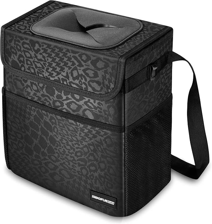 SIBOFUEGO Cute Car Trash Can with Lid – Multipurpose Collapsible Trash Bin for Car, Leak-Proof Organizer, Waterproof Garbage Can with Storage Pockets & Adjustable Straps, 2 Gallons (Black Leopard) by SIBOFUEGO