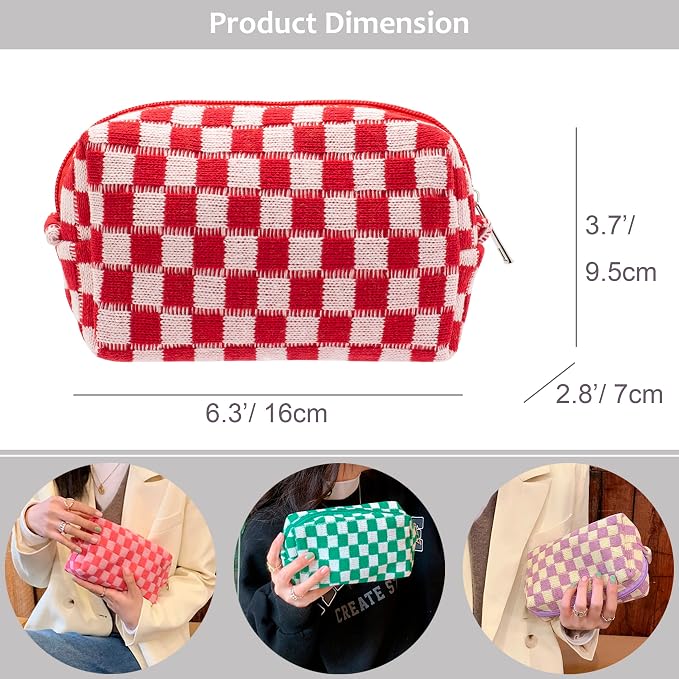Checkered Makeup Bag for Purse, Small Travel Cosmetic Pouch,Red,2 Pack | Cute Zipper Makeup Organizer for Women, Travel Essentials, Toiletries, Makeup Brushes, Beauty Accessories&Bridesmaid Gifts - Image 2