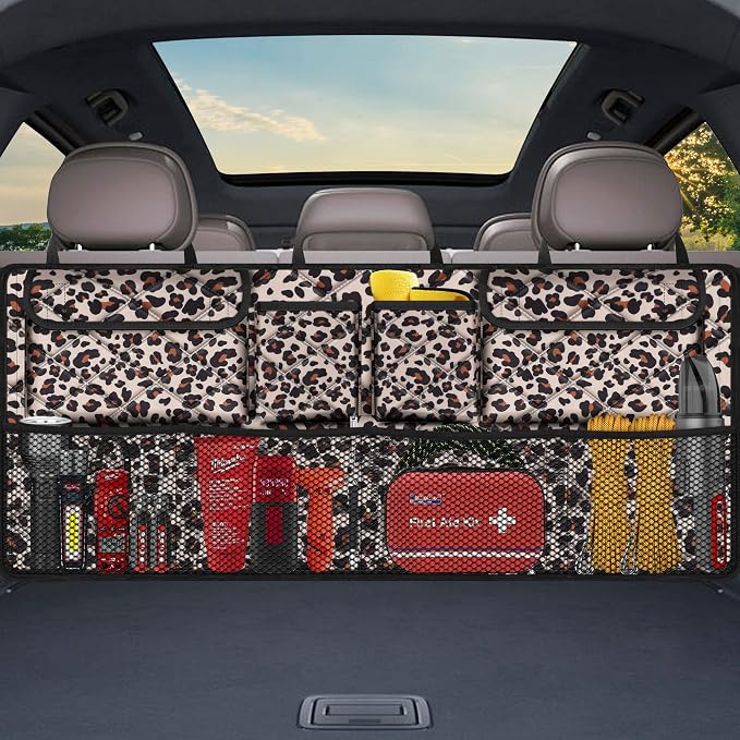 Femuar Car Trunk Organizer,Large Capacity Backseat Trunk Organizer(42"*18"),Collapsible Car Storage Bag with 8 Pocekt,Car Organizer for SUV/MPV/Truck - Leopard print - Image 7