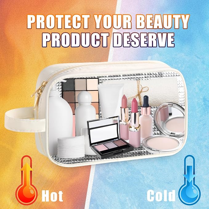 Kacctyen Insulated Makeup Bag for Car Women Cosmetics Bag Heat-resistant Travel Makeup Organizer Waterproof Skincare Case from Melting Freezing Winter Valentines Gift for Women(Medium,Portable,Cream) - Image 4