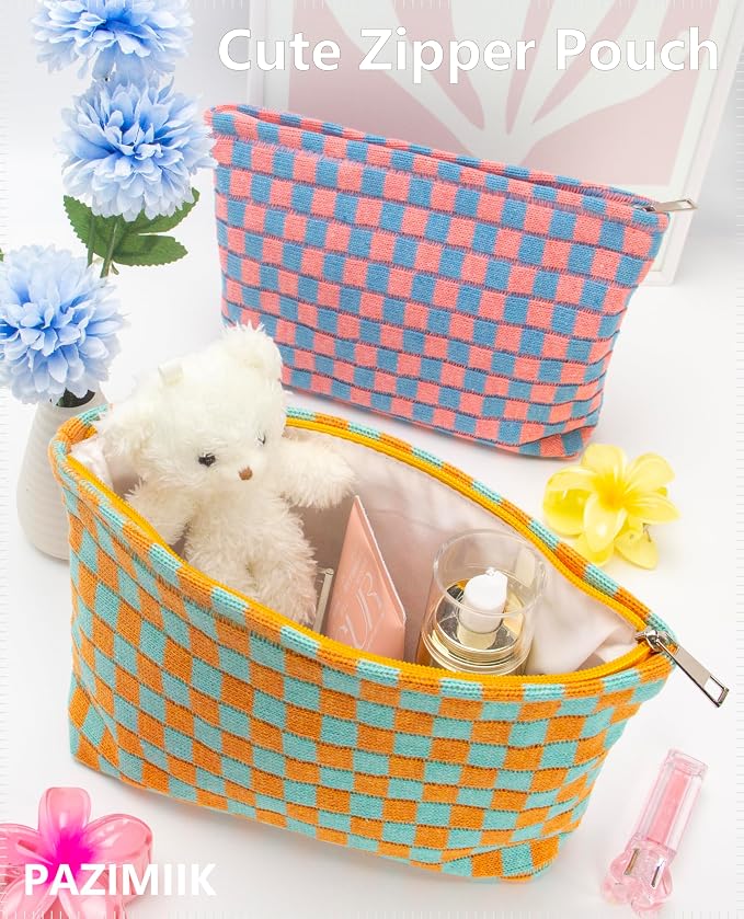 Checkered Makeup Bag for Purse, Small Flat Cosmetic Pouch,Orange Green | Cute Zipper Makeup Organizer for Women, Travel Essentials, Toiletries, Makeup Brushes, Beauty Accessories&Bridesmaid Gifts - Image 5