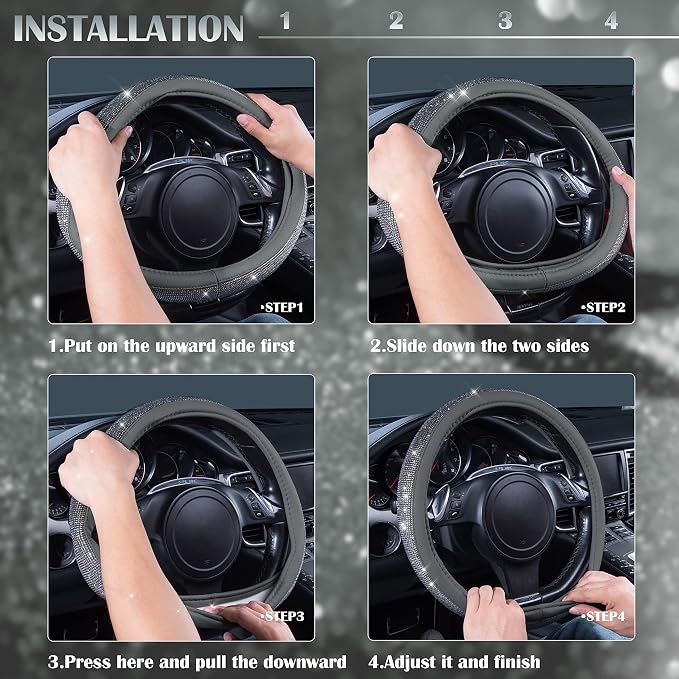 CAR PASS Bling Diamond Leather Steering Wheel Cover, with Bling Sparkly Crystal Glitter Rhinestones Universal Fit 14" 1/2-15" Car Wheel Protector for Women Girl Fit Suvs,Vans,Sedans,Cars,Trucks, Gray - Image 6
