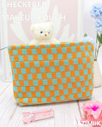 Checkered Makeup Bag for Purse, Small Flat Cosmetic Pouch,Orange Green | Cute Zipper Makeup Organizer for Women, Travel Essentials, Toiletries, Makeup Brushes, Beauty Accessories&Bridesmaid Gifts - Image 2