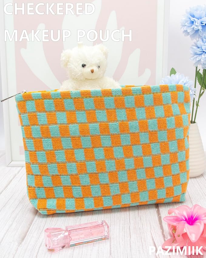 Checkered Makeup Bag for Purse, Small Flat Cosmetic Pouch,Orange Green | Cute Zipper Makeup Organizer for Women, Travel Essentials, Toiletries, Makeup Brushes, Beauty Accessories&Bridesmaid Gifts - Image 2